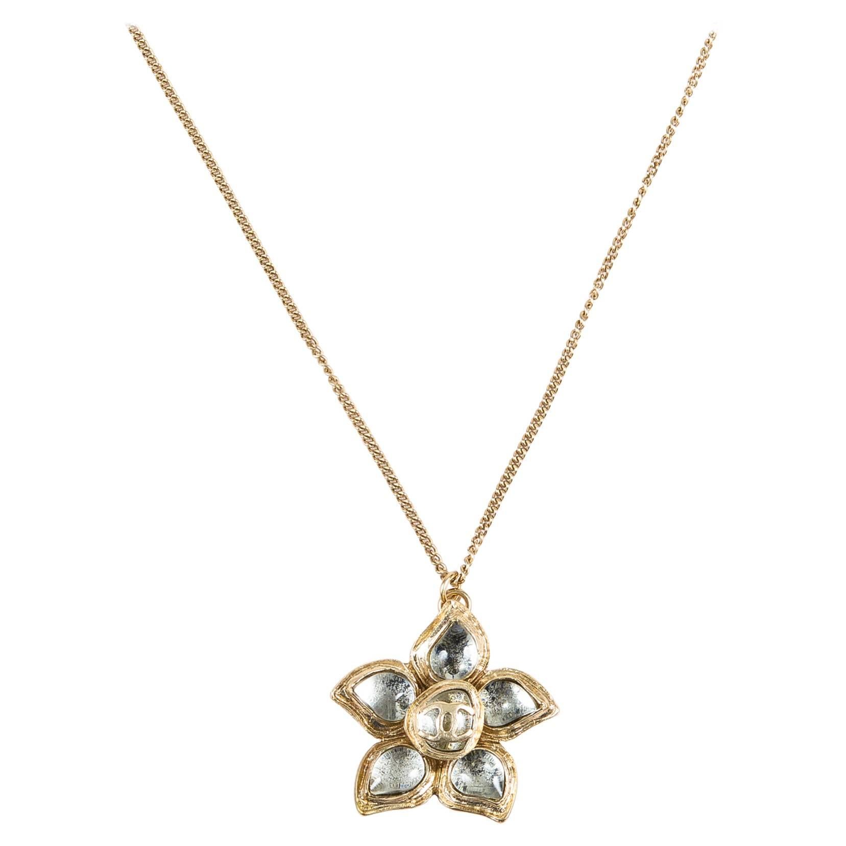 Chanel 12A Gold Tone Curb Chain Gripoix Camellia Flower 'CC' Pendant Necklace For Sale