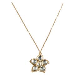 Chanel 12A Gold Tone Curb Chain Gripoix Camellia Flower 'CC' Pendant Necklace