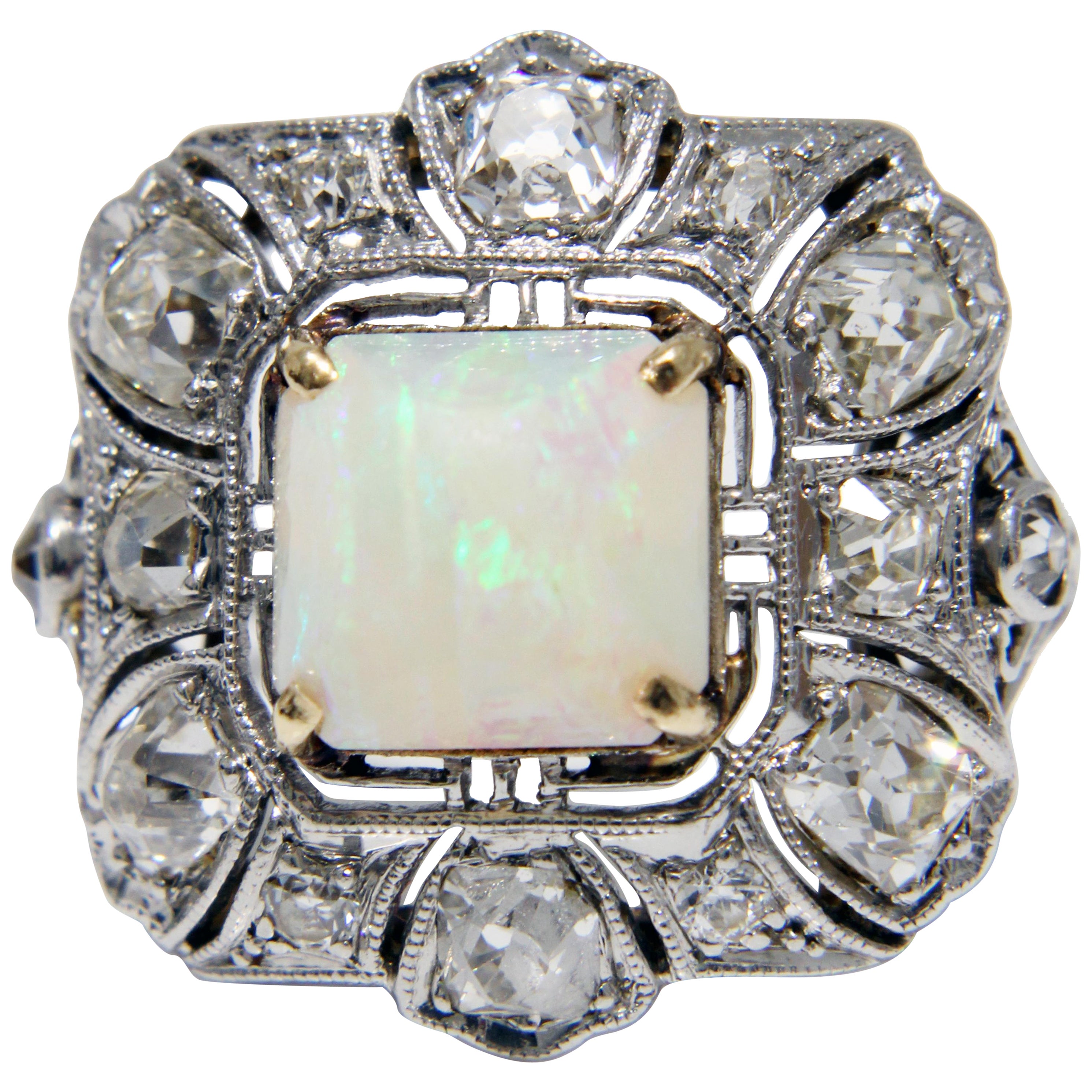 Opal and Diamond Cocktail Ring Art Deco Style Vintage Platinum Rare Early 20th C For Sale