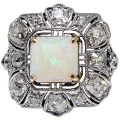 Opal and Diamond Cocktail Ring Art Deco Style Vintage Platinum Rare Early 20th C