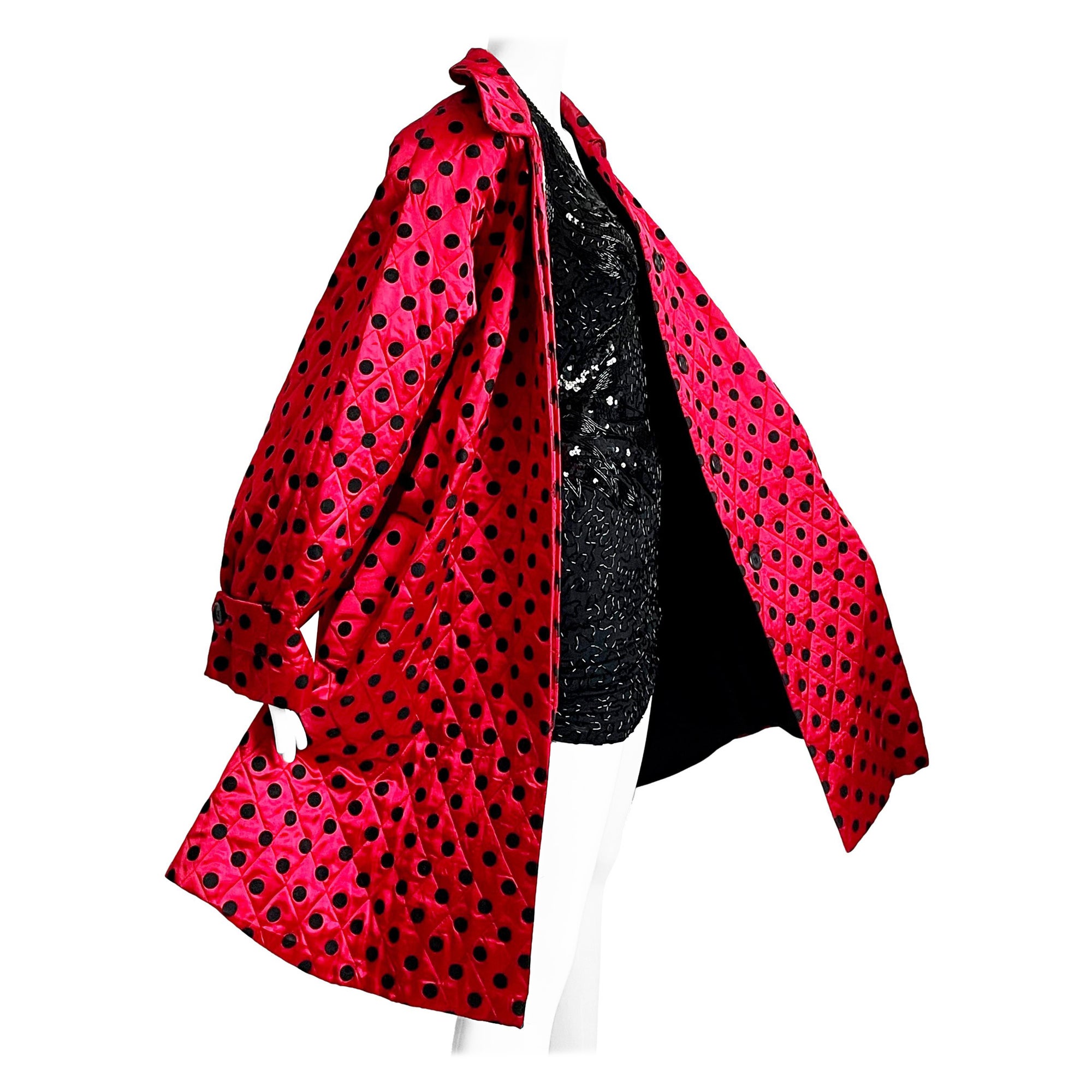 Christian Dior Coat Swing Style Red Satin Black Polka Dot Evening Wear Vintage  For Sale