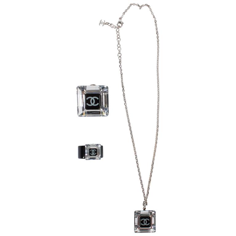 Chanel Black and White Resin Crystal Cube Jewelry Set - 3 pcs at