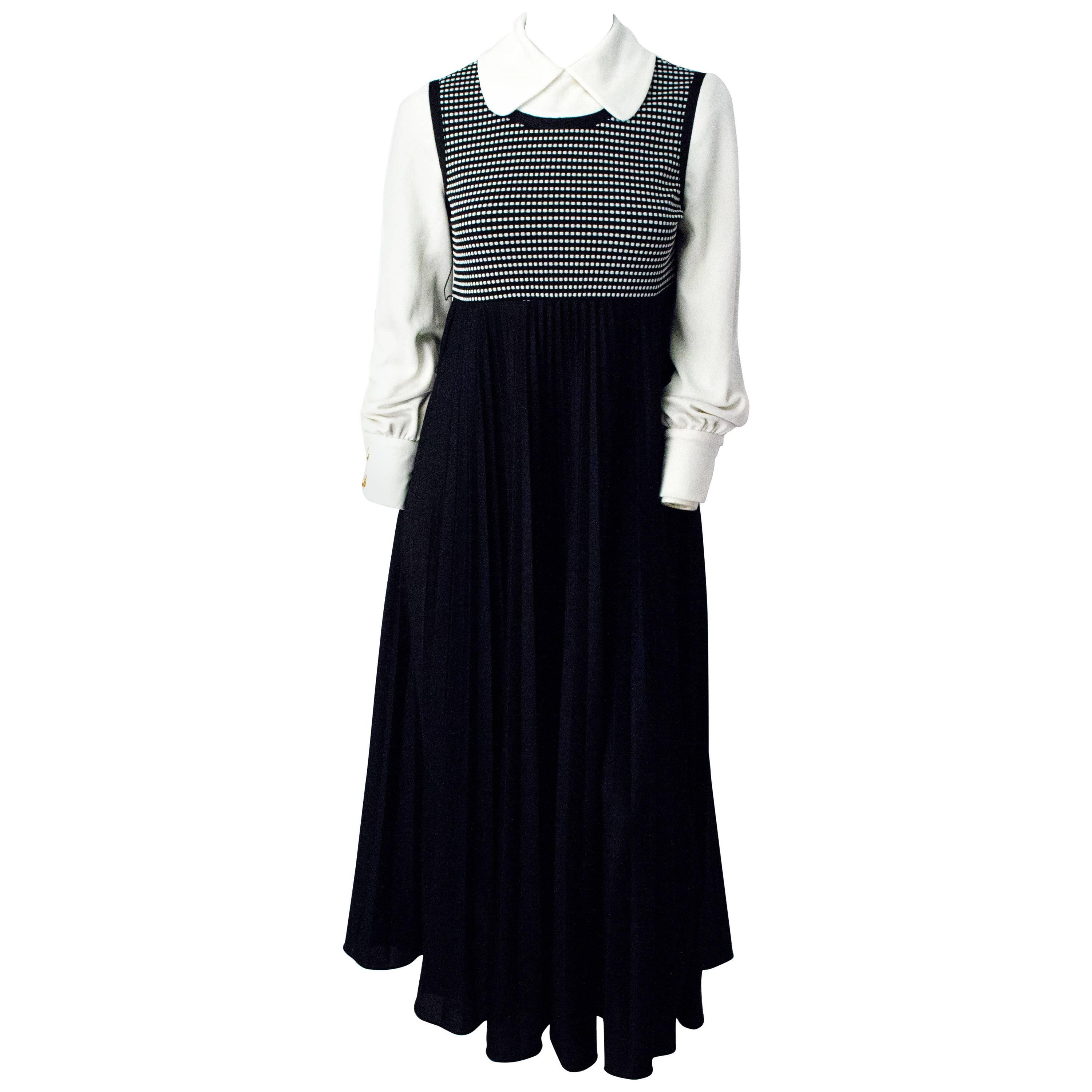 70s Black and White Empire Dress with Bishop Sleeves