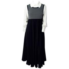 70s Black and White Empire Dress with Bishop Sleeves 7