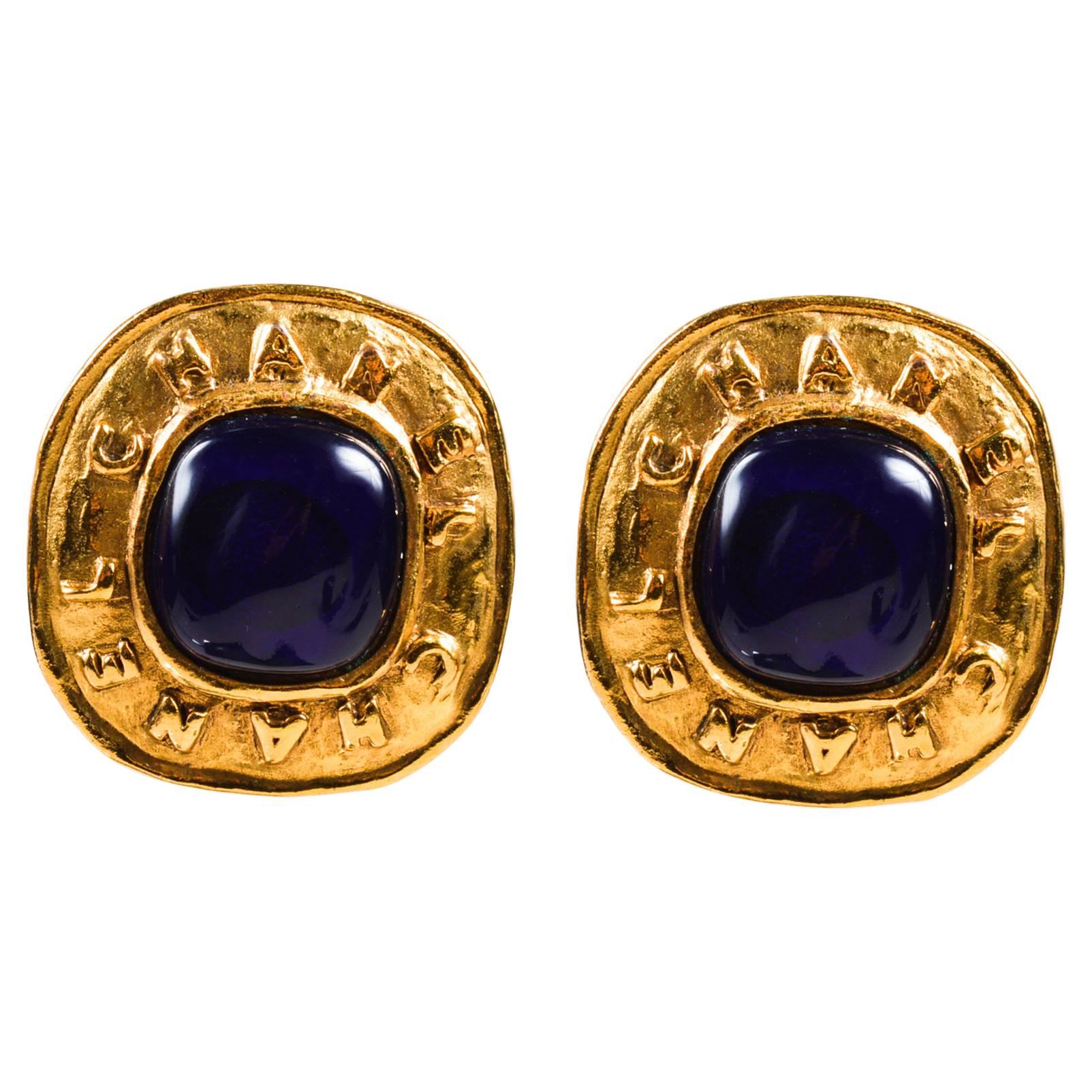 Vintage Chanel Gold Tone Blue Stone Embellished Clip On Cocktail Earrings For Sale