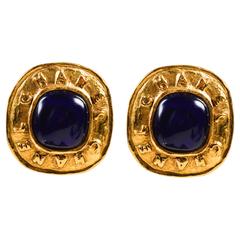 Vintage Chanel Gold Tone Blue Stone Embellished Clip On Cocktail Earrings