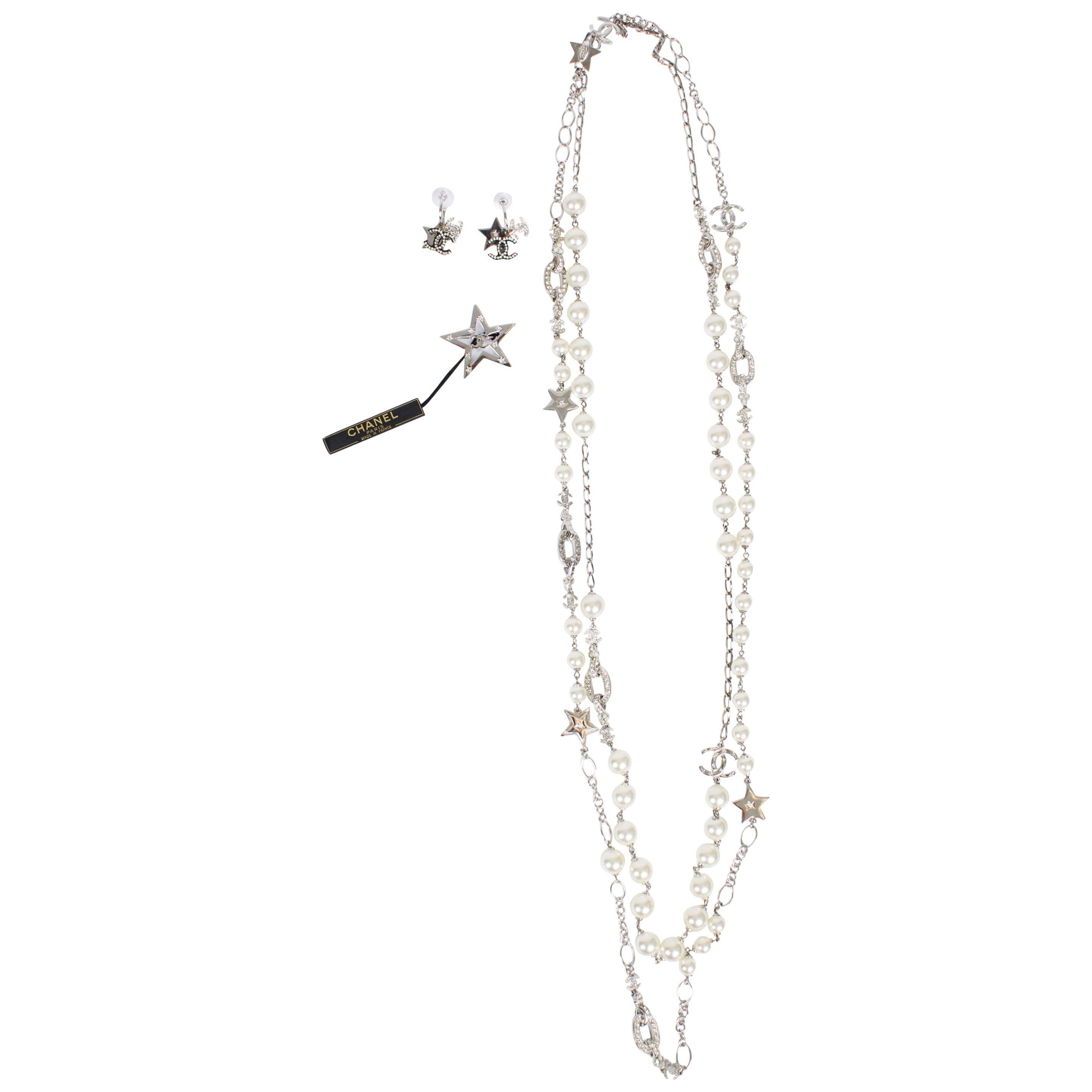 Chanel Star Pearl Necklace/Earrings/Brooch - silver
