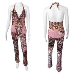 Roberto Cavalli S/S 2004 Feather Print Halter Top & Pants 2 Piece Set Ensemble