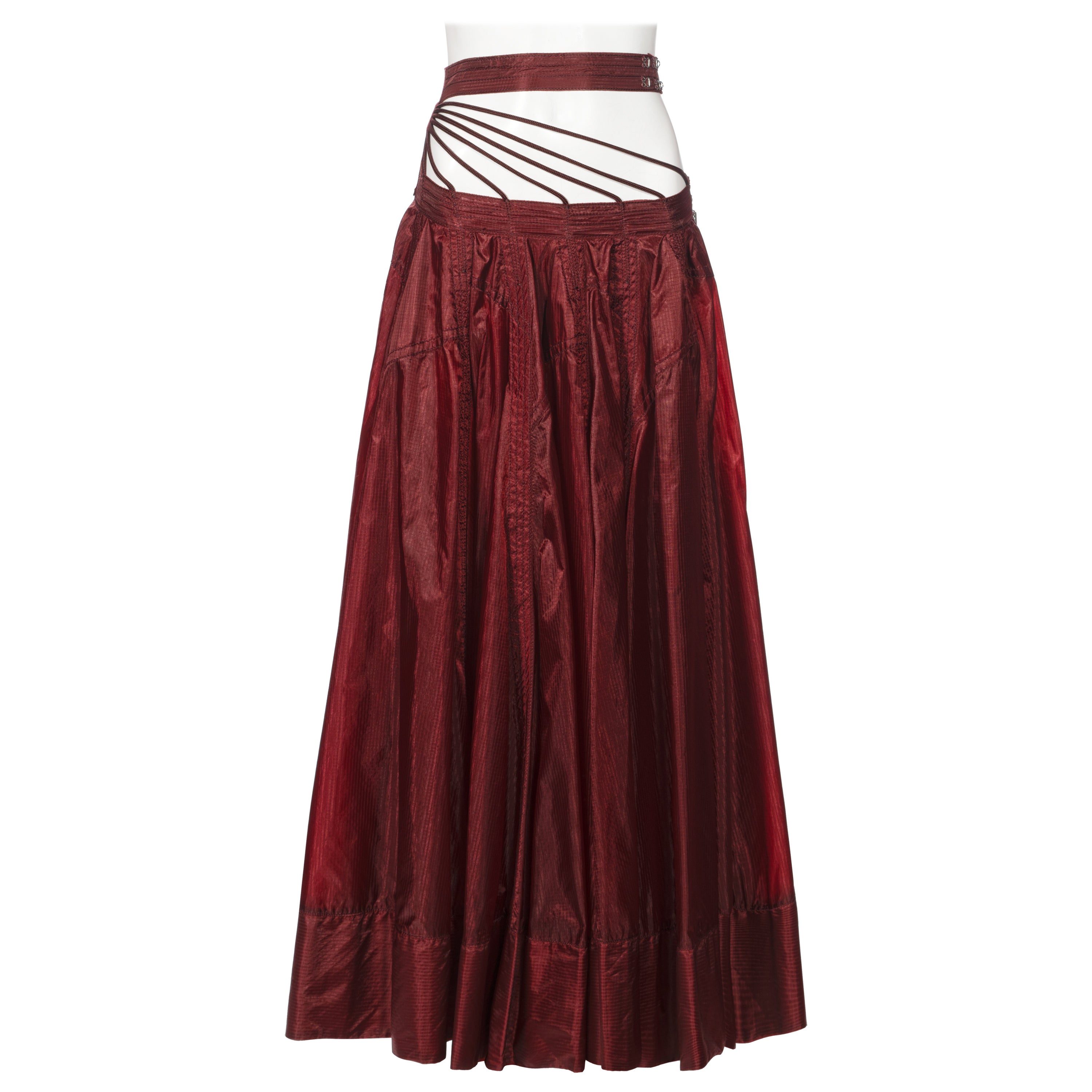 Jean Paul Gaultier Burgundy Ripstop Nylon Strappy-Waist Maxi Skirt, ss 2002 For Sale