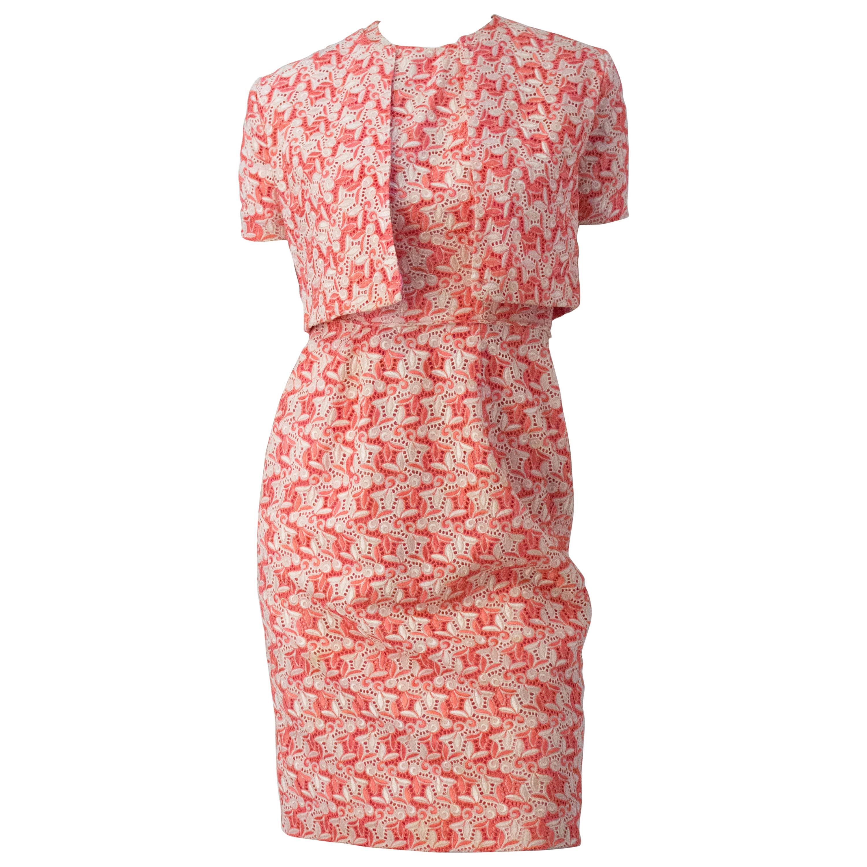 50s Carnation Pink Embroidered Cotton Eyelet Sheath Dress with Matching Bolero For Sale