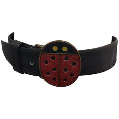 Vintage 1960s Vera Leather Belt with Large Lady Bug Buckle in Metal and Suede 