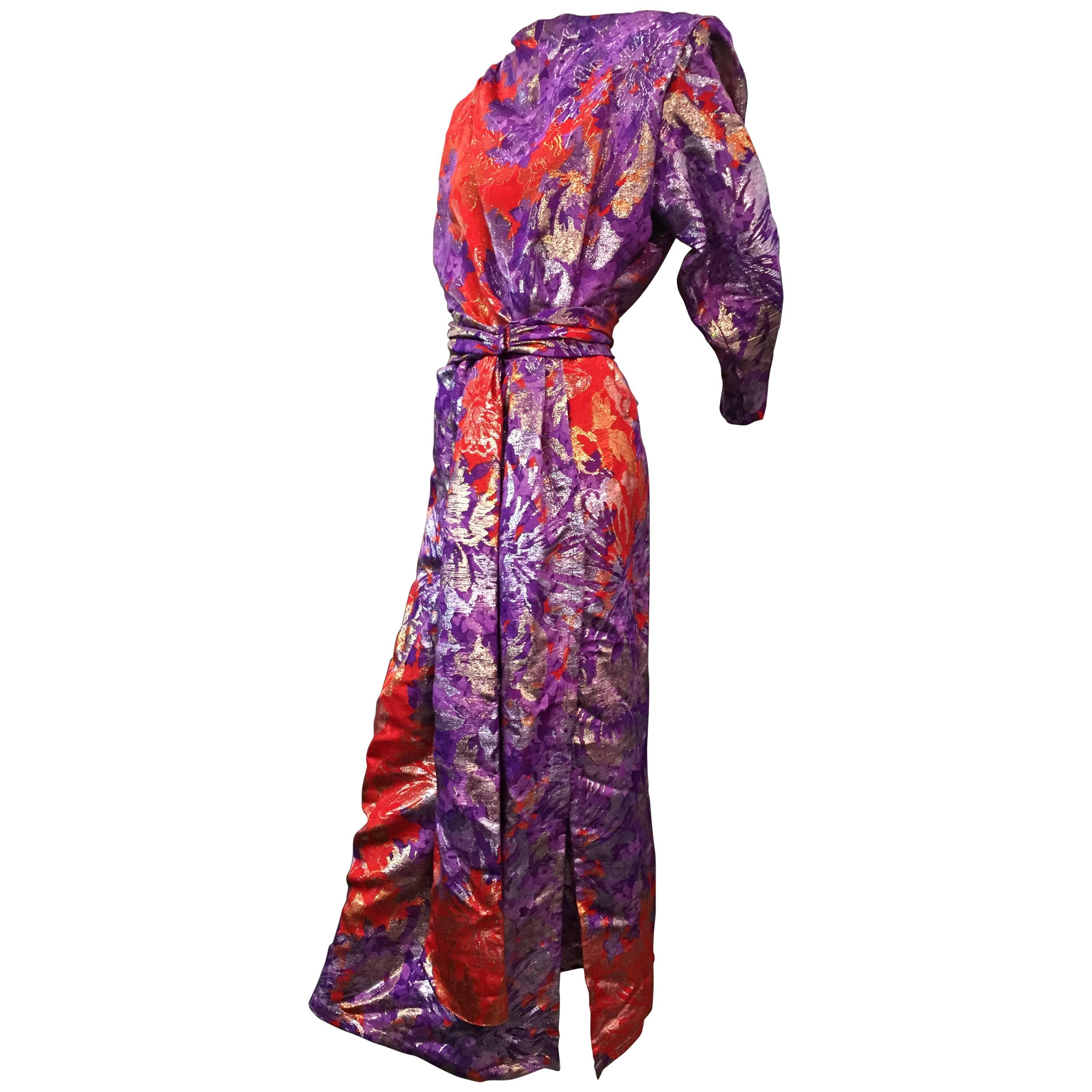 1980s Yves Saint Laurent Purple, Red and Gold Floral Brocade Gown For Sale