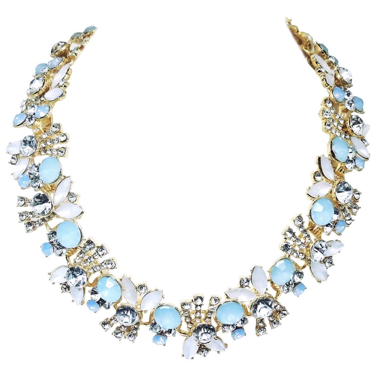 Light Blue & White Floral Leaf Rhinestone Necklac