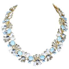 Light Blue & White Floral Leaf Rhinestone Necklac