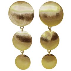 Vintage 1980’s Long Golden Trio Disc Clip Earrings