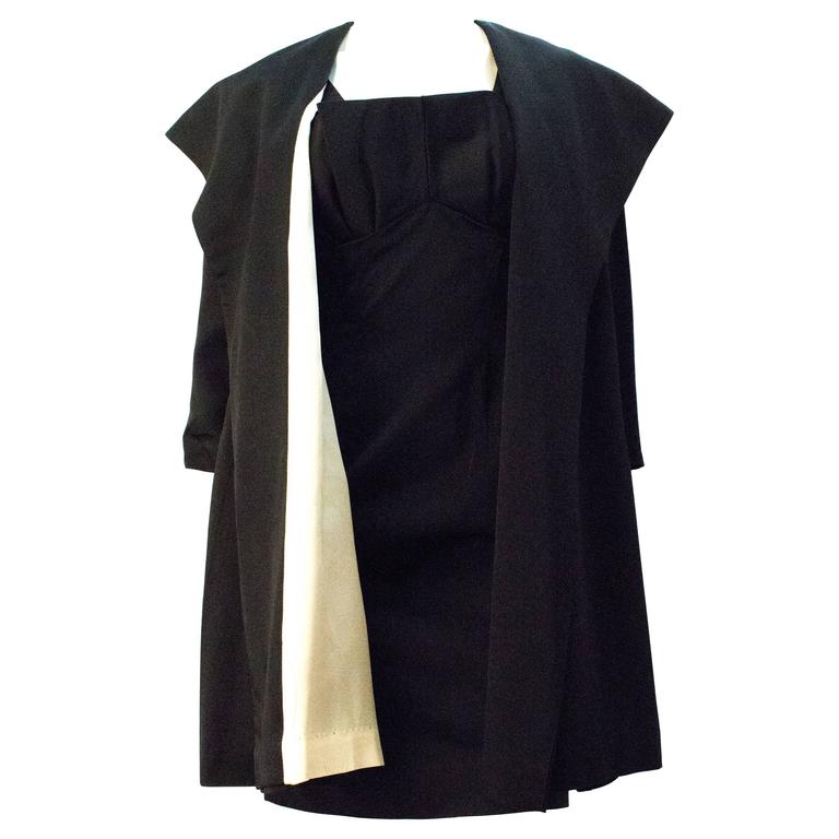 50s Black Satin Cocktail Sheath Dress with Matching Evening Coat For