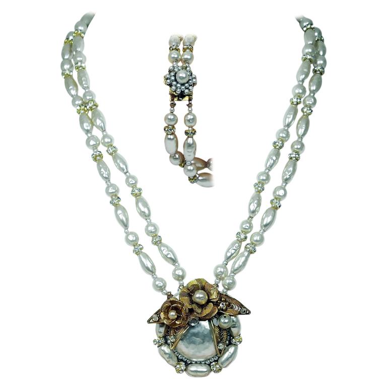 Vintage 1948 Early Miriam Haskell Faux Pearl Necklace and Bracelet Set