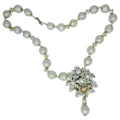 Signed 1950s Miriam Haskell Faux Baroque Pearl Floral Necklace 2