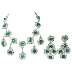 Signed Paco Rabanne Runway Mod Faux Emerald & Crystal Necklace & Earring Set