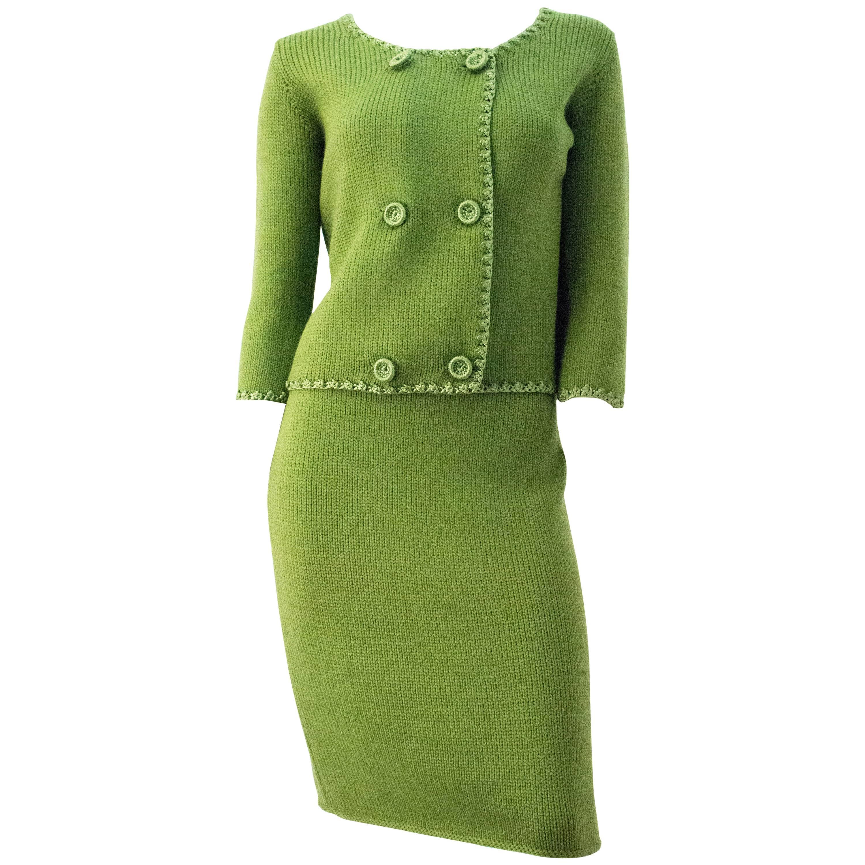 70s St. John Knit Fern Green Sweater Skirt Set 