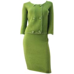 Vintage 70s St. John Knit Fern Green Sweater Skirt Set 