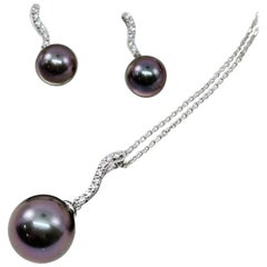 Vintage Perle und Diamant Gold Anhänger Halskette und Tropfen Ohrringe.