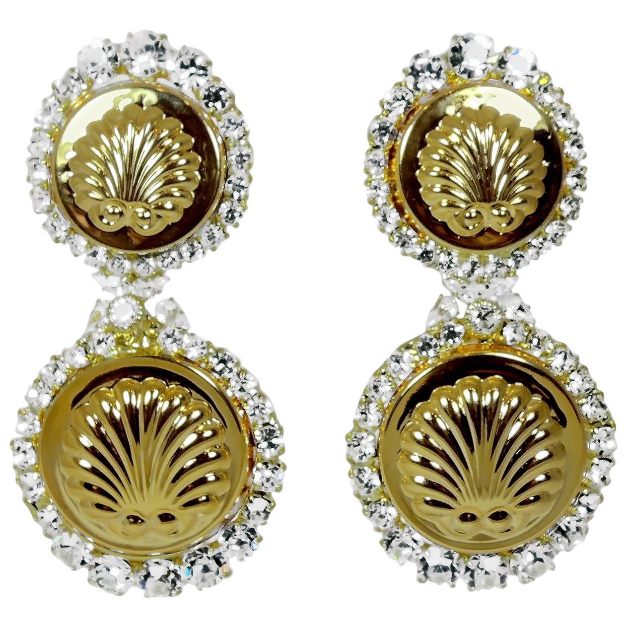 Robert Sorrell One-Of-A- Kind Golden Circular Seashell Crystal Clip Earrings