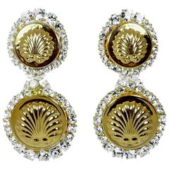 Robert Sorrell One-Of-A- Kind Golden Circular Seashell Crystal Clip Earrings 10