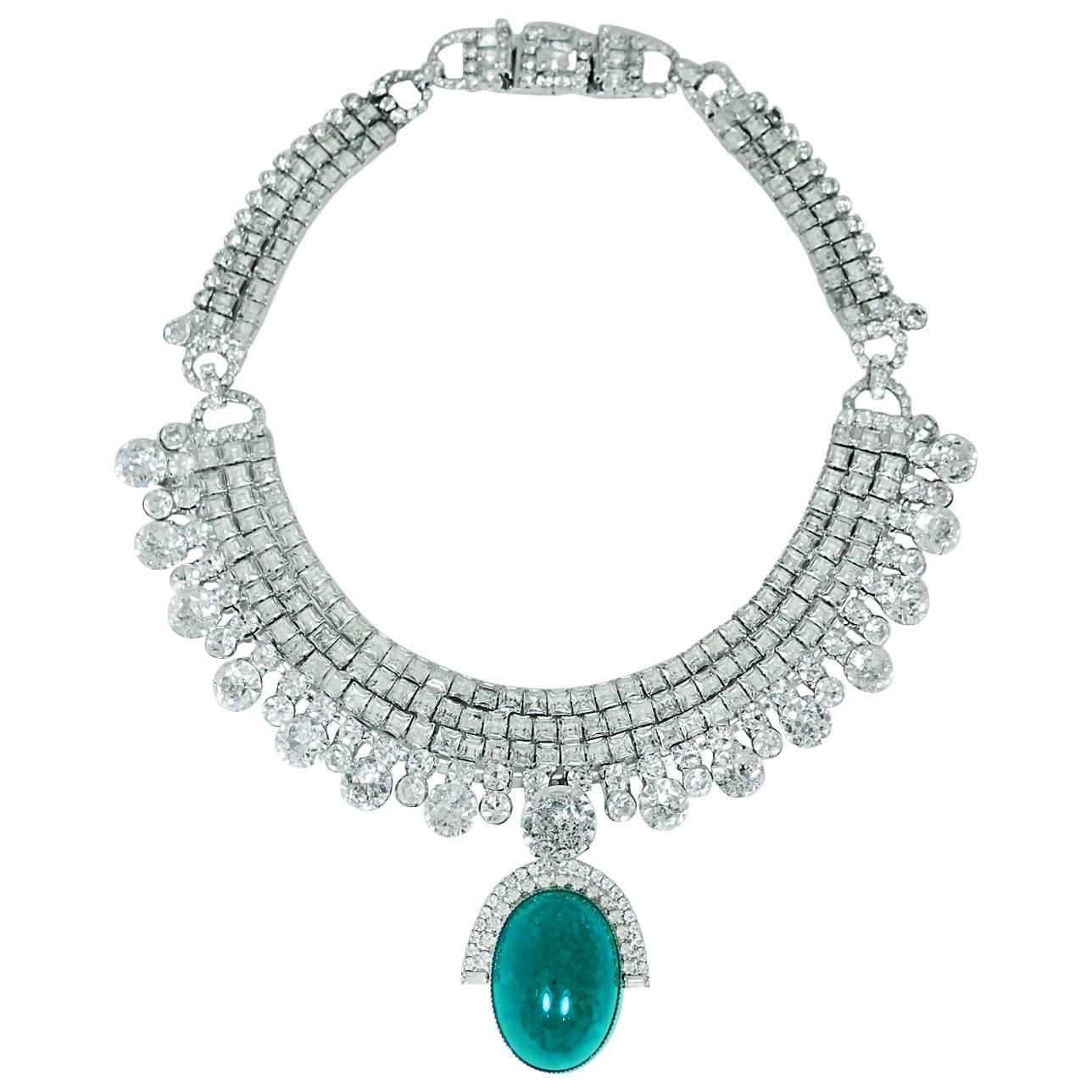 Vintage Robert Sorrell Green Cabochon & Crystal Necklace