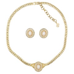 Christian Dior Vintage Oval Weiß Perlen Kristall Set Anhänger Halskette Ohrringe