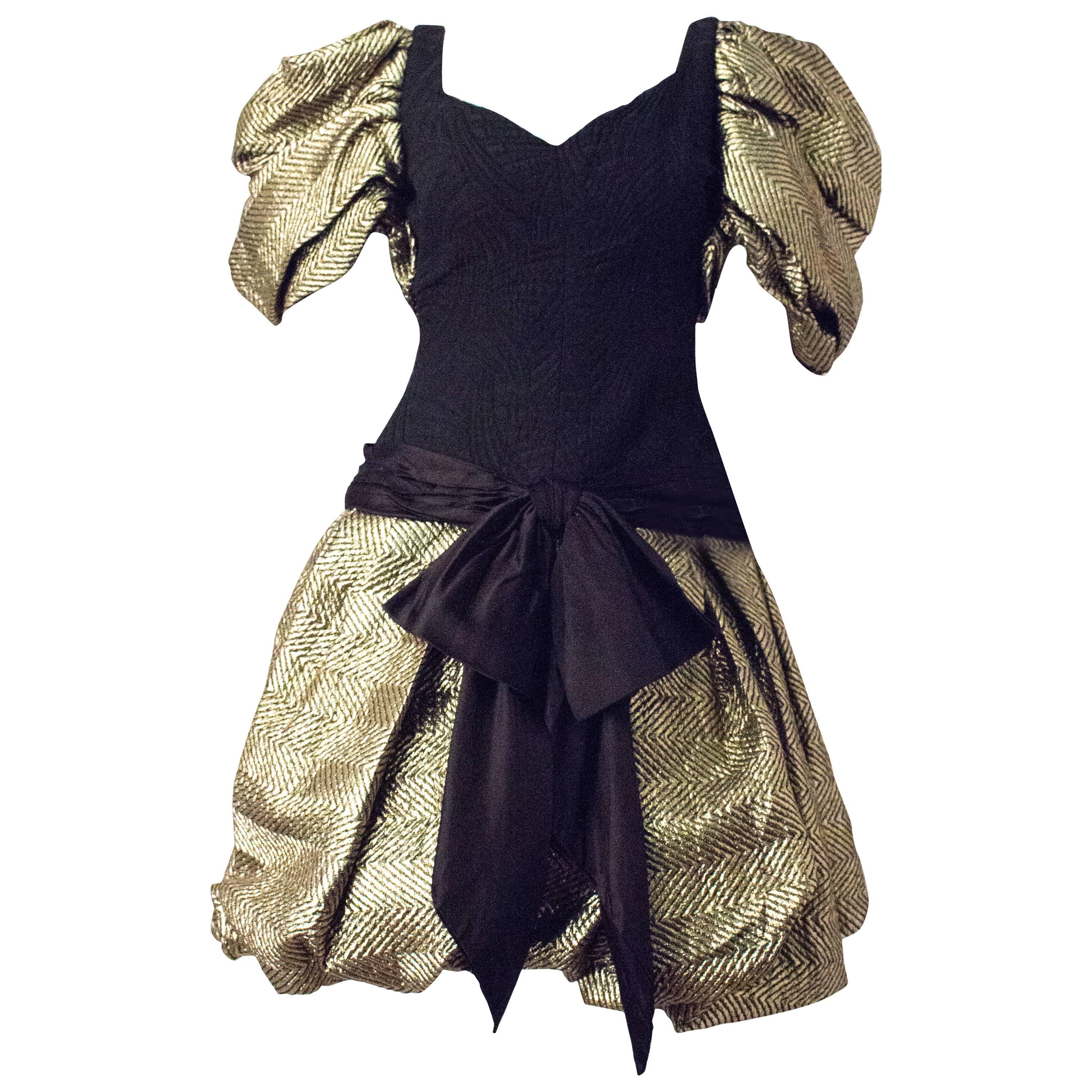 80s Elizabeth Arden Sweetheart Gold Jacquard Puff Sleeve Dress For Sale