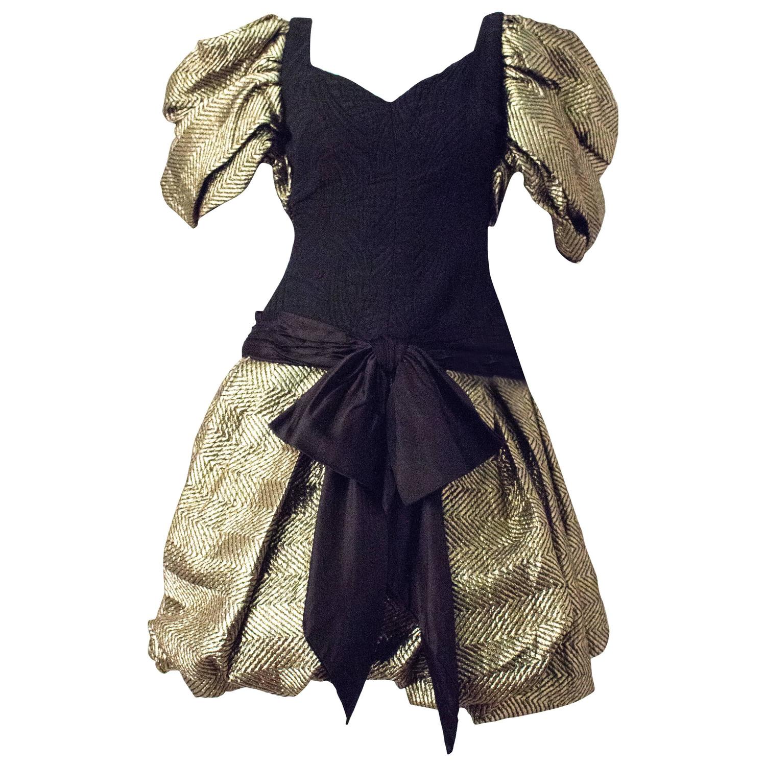 80s Elizabeth Arden Sweetheart Gold Jacquard Puff Sleeve Dress For Sale ...