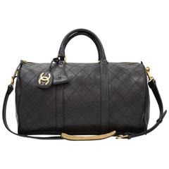 Retro Chanel Boston Black Quilted Leather Travel Bag + Strap