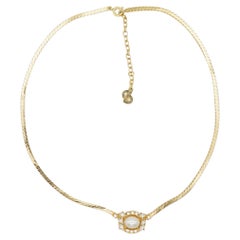 Christian Dior Vintage 1980er Jahre Oval Perle Blume Kristalle Gold Anhänger Halskette