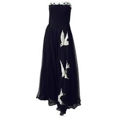 40s Strapless Black Chiffon White Bird Gown