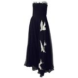 40er Jahre trägerloses schwarzes Chiffon-Kleid mit weißem Vogel