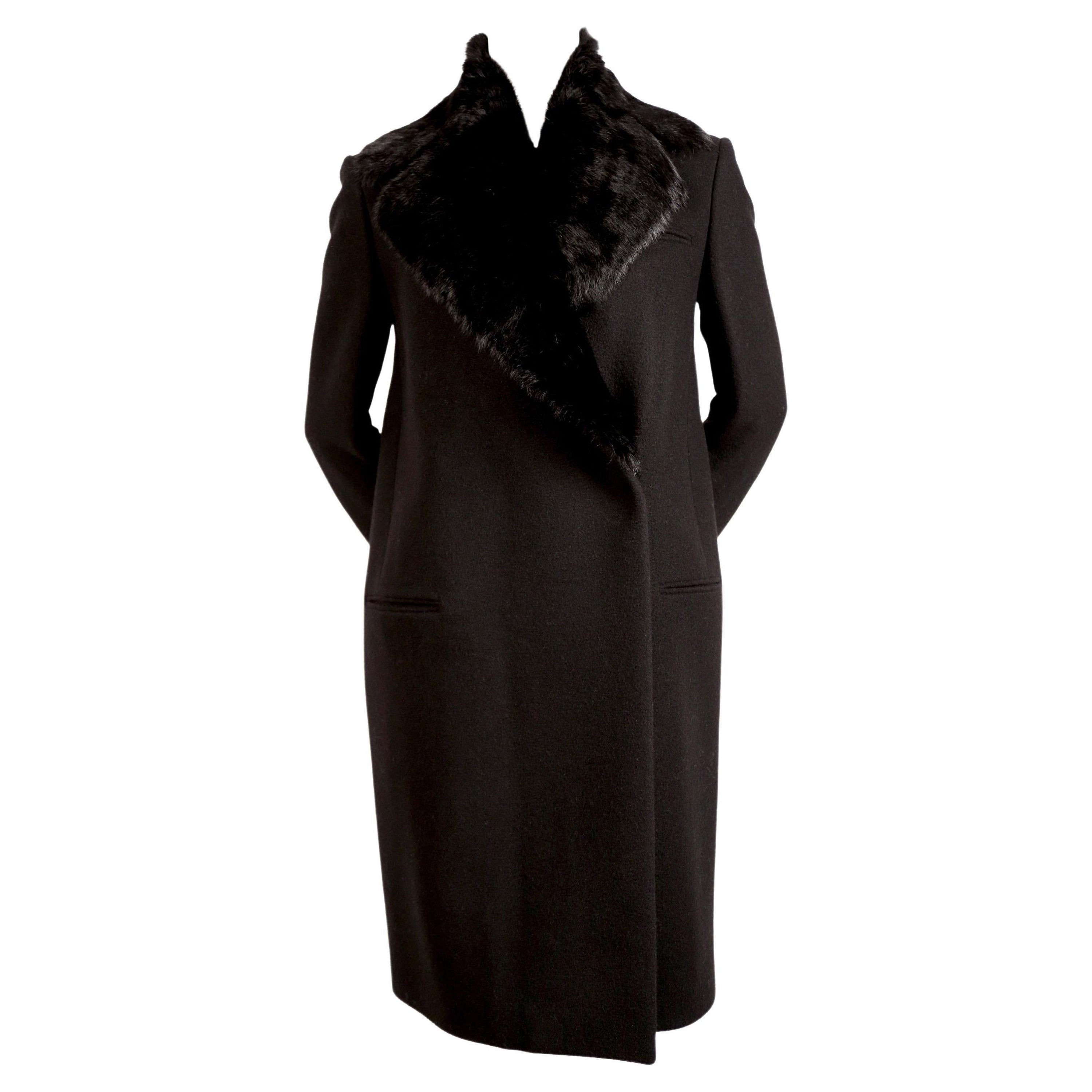 CELINE by Phoebe Philo black wool crombie coat with removable rabbit collar For Sale