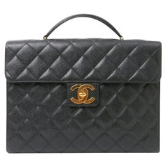 Used Chanel Classic Flap Portfolio Caviar Briefcase Black Leather Laptop Bag