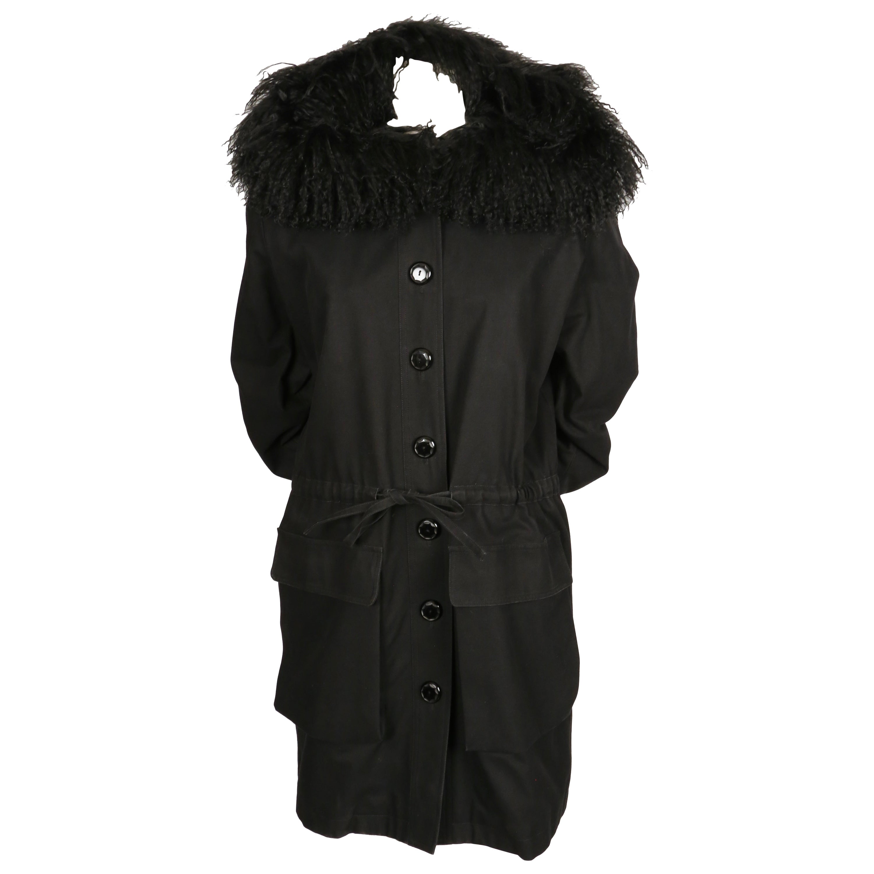 1980's YVES SAINT LAURENT black cotton parka with oversized curly lamb hood For Sale