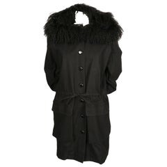 1980's YVES SAINT LAURENT black cotton parka with oversized curly lamb hood