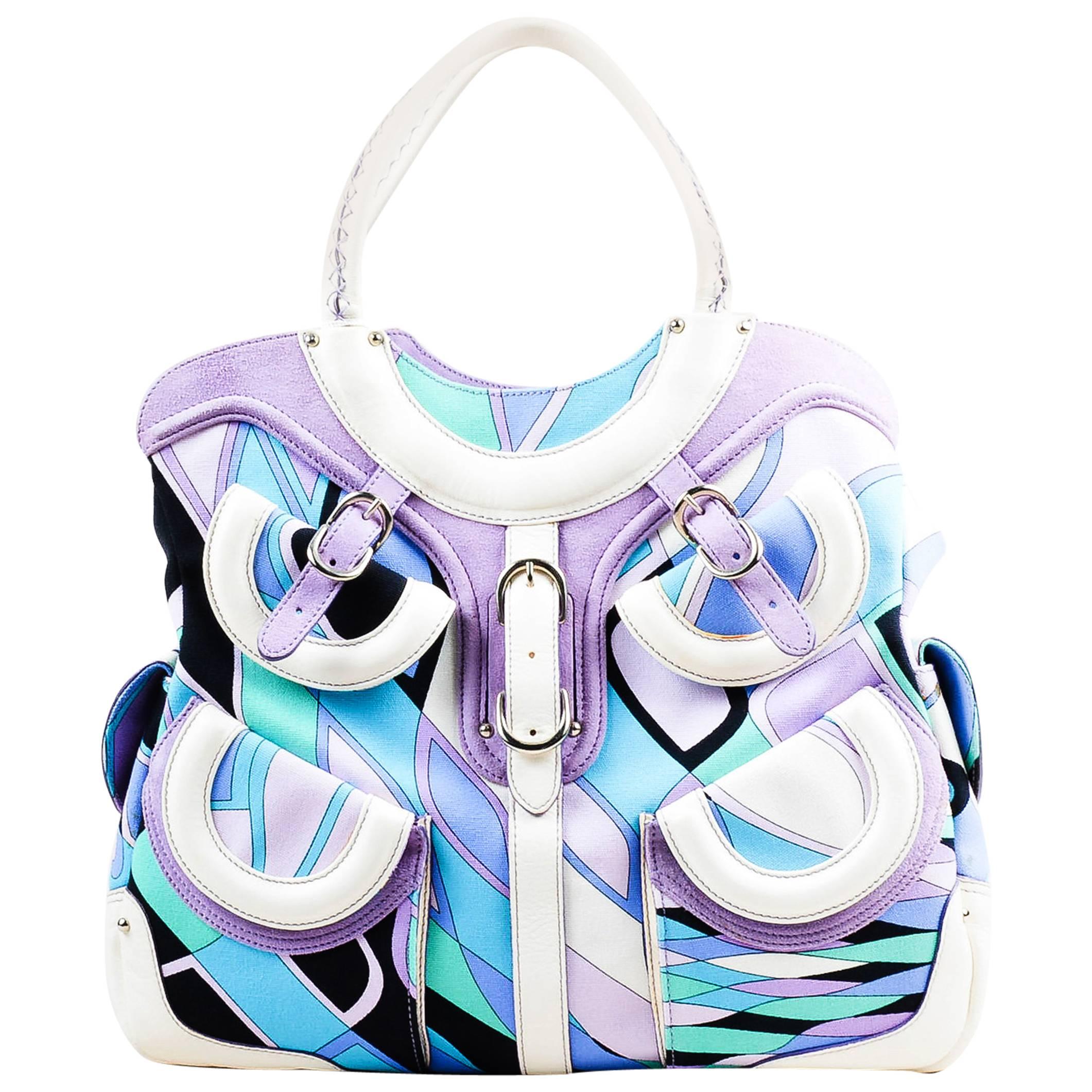 Emilio Pucci NWT White Lavender Teal Canvas Leather Trim Printed Pockets Handbag For Sale