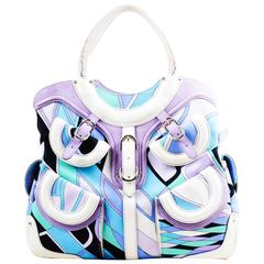 Emilio Pucci NWT White Lavender Teal Canvas Leather Trim Printed Pockets Handbag