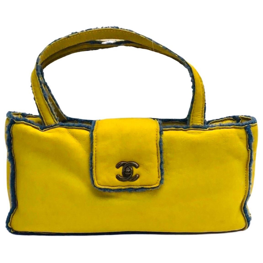Chanel Yellow Suede Shearling Trim CC Turnlock Shoulder Handbag For Sale