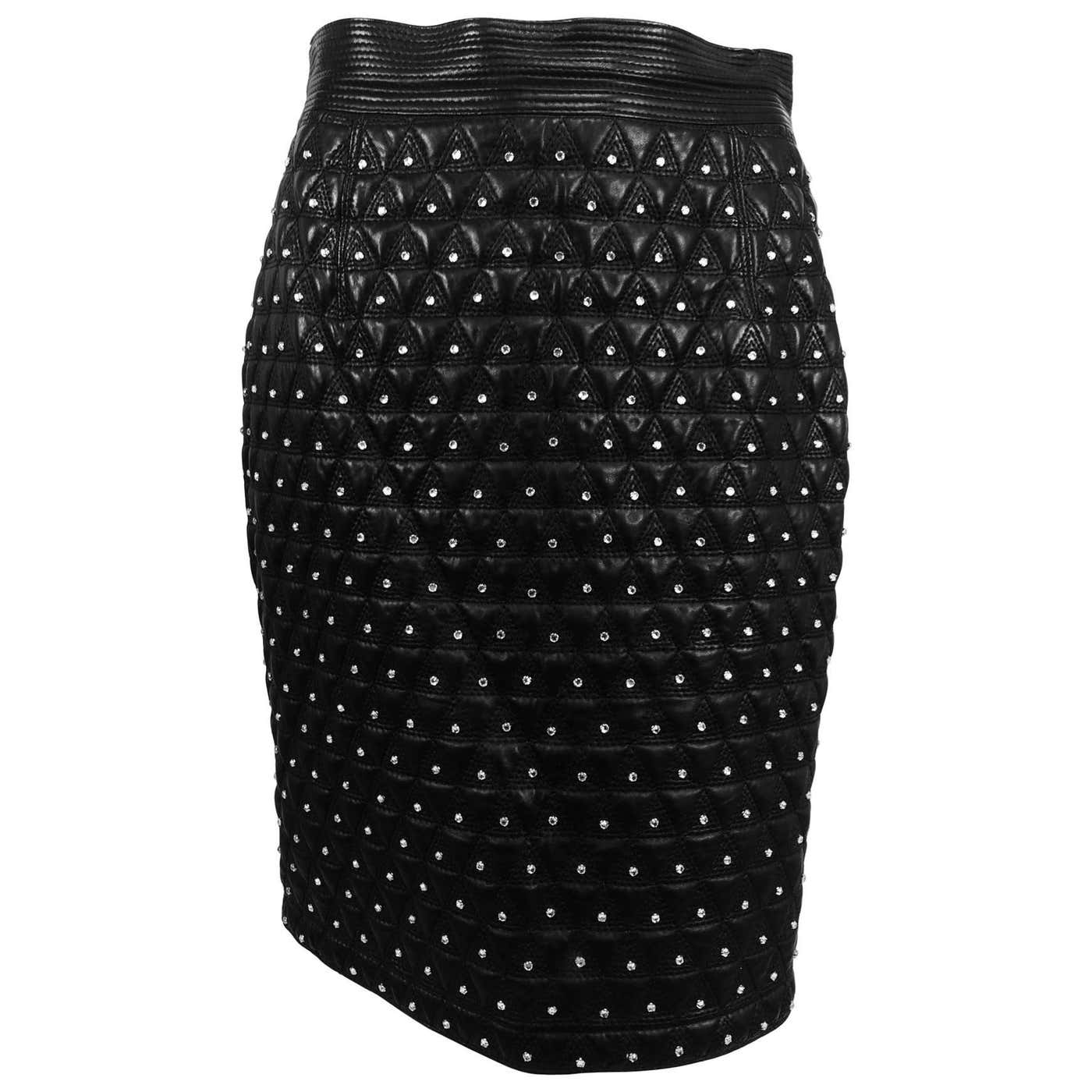 Gianni Versace Quilted black leather and rhinestone skirt 1980s at ...