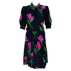 1976 Givenchy Demi-Couture Tulip Floral-Print Silk Ascot Puff-Sleeve Dress Set 11