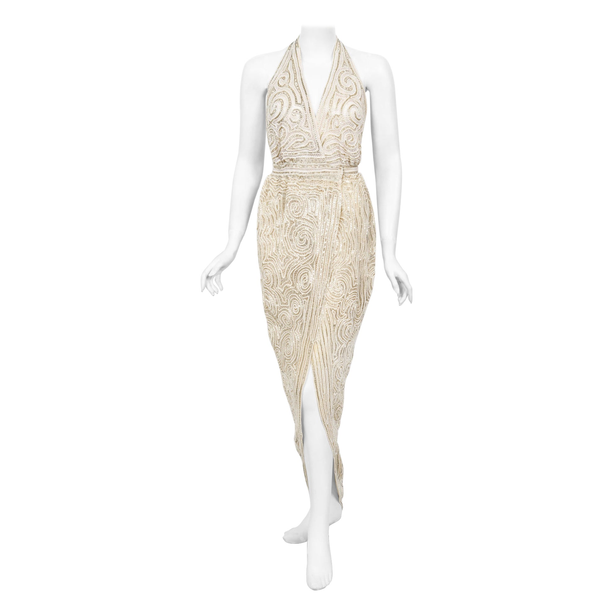 Vintage 1970's Halston Couture Ivory Beaded Sheer Lace Backless Halter Wrap Gown