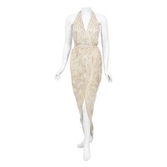 Retro 1970's Halston Couture Ivory Beaded Sheer Lace Backless Halter Wrap Gown