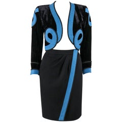 Retro YVES SAINT LAURENT S/S 1990 YSL Black Toreador 2 Piece Velvet Skirt Blazer Suit