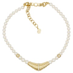 Christian Dior Retro 1970s White Pearls Triangle Crystals Pendant Necklace