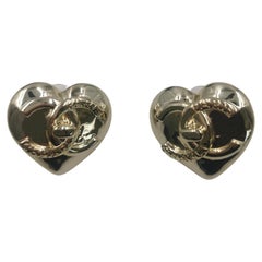 Chanel 22 CC Light Gold LARGE Massive Heart Logo Studs Earrings 